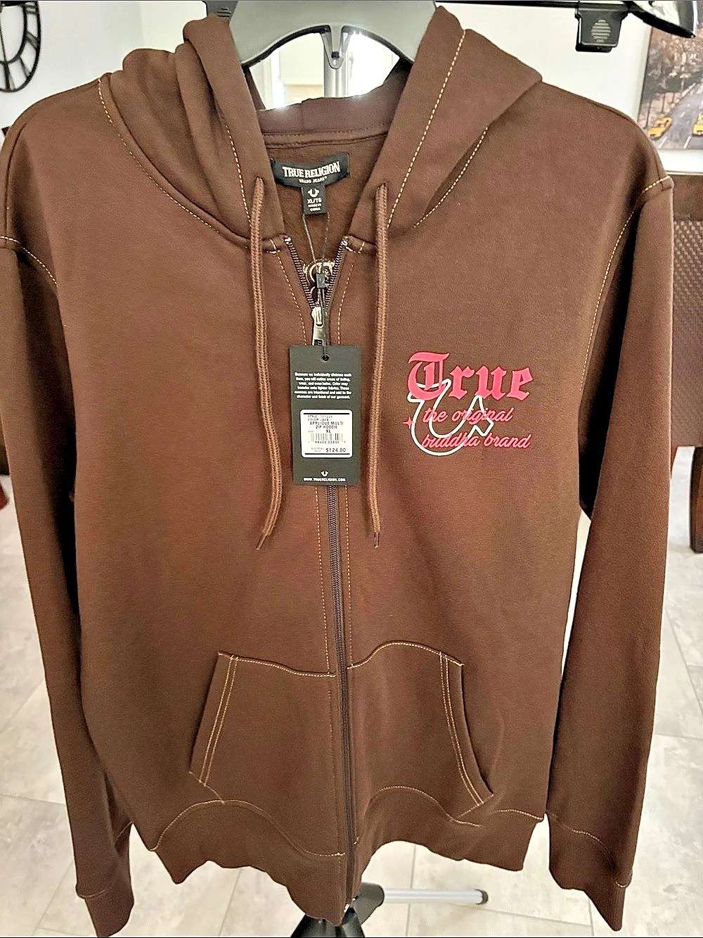 True Religion Applique Multi Zip Hoodie Brown & Red XL - Picture 3 of 12